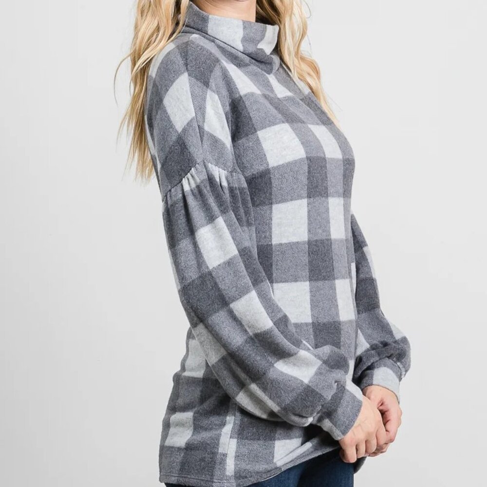 GREY PLAID MOCK NECK LONG SLEEVES KNIT TUNIC TOP